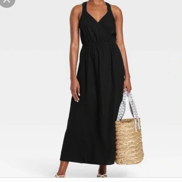 Universal Thread Dresses Black Linen Blend Cross Back Maxi Dress Sz M NWT - Picture 1 of 7